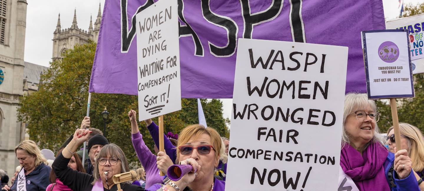 WASPI women demonstrating on Budget Day outside the Houses of Parliament,  about the lack of compensation not being paid to them as outlined by the Ombudsman