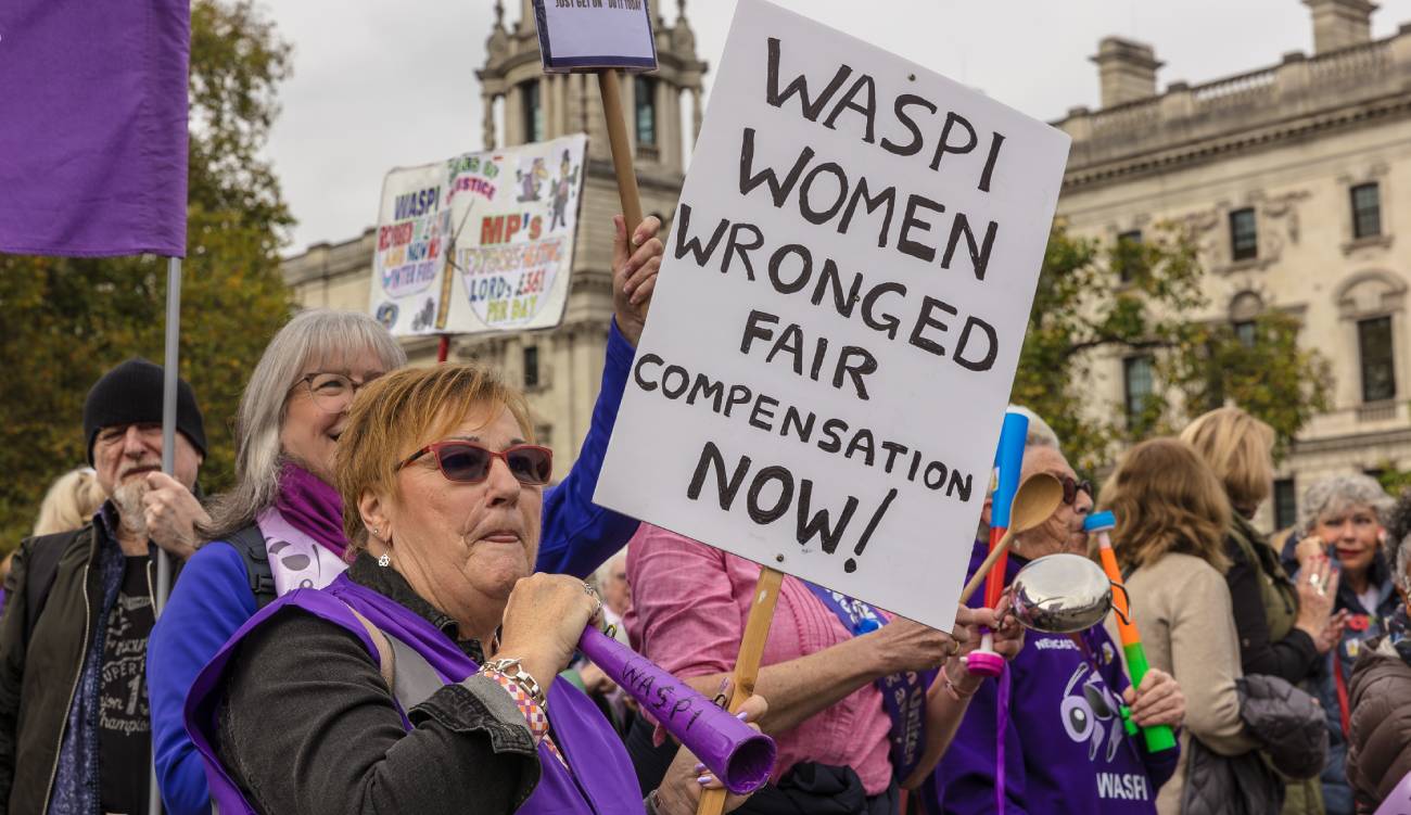Westminister, London, UK, October 30 2024, WASPI women demonstrating on Budget Day outside the Houses of Parliament,  about the lack of compensation not being paid to them as outlined by the Ombudsman