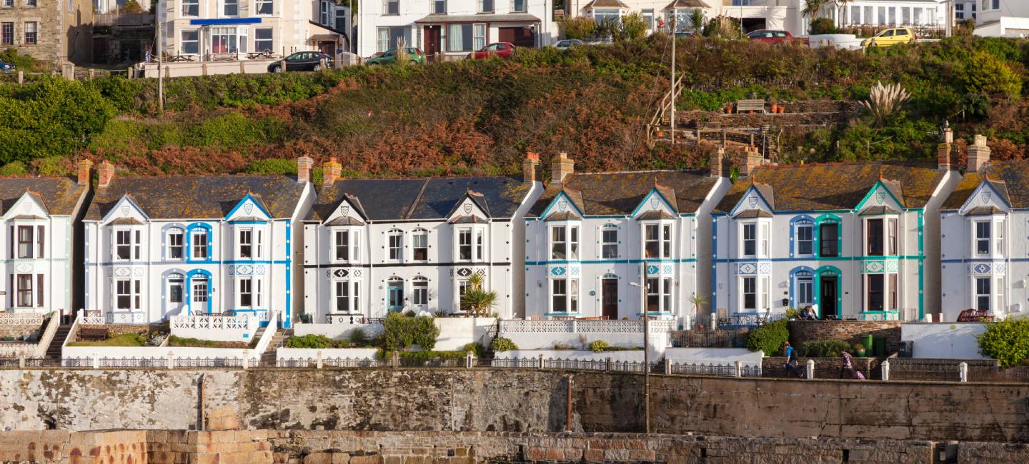 Row of seaside houses at Porthleven Cornwall England UK