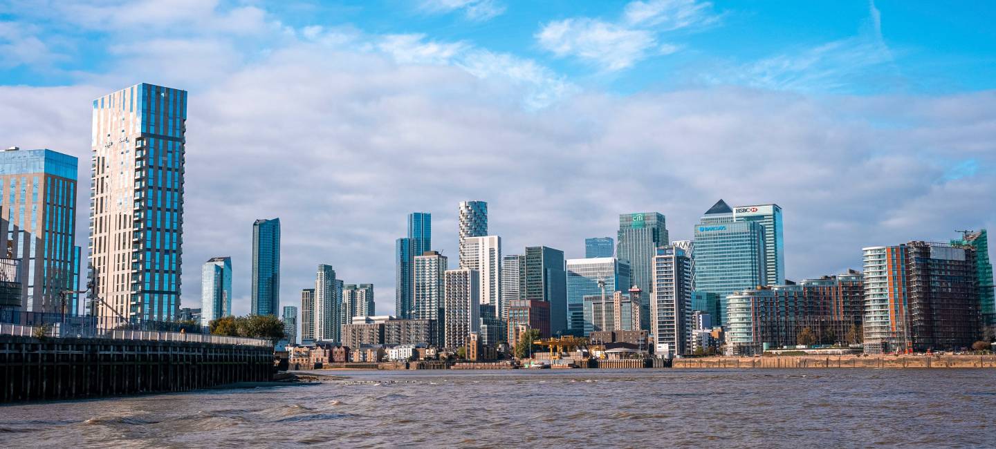 Canary Wharf, a major financial district across the River Thames with modern city corporate offices