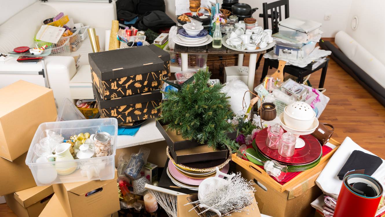 a room full of clutter and boxes