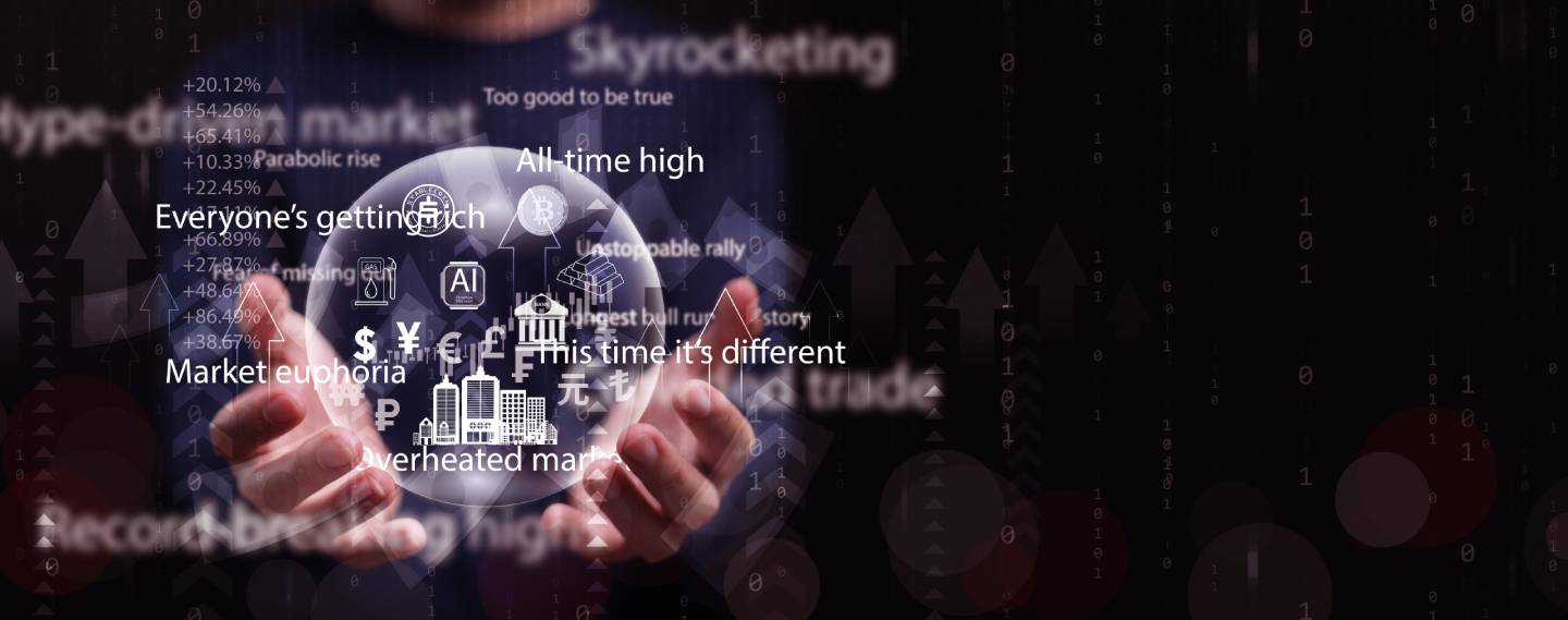 Hands holding a bright bubble filled with global banking, cryptocurrency, and finance icons, symbolising speculative mania