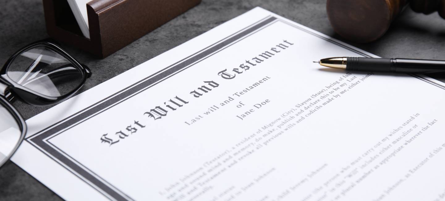 Last will and testament with pen on grey table, closeup