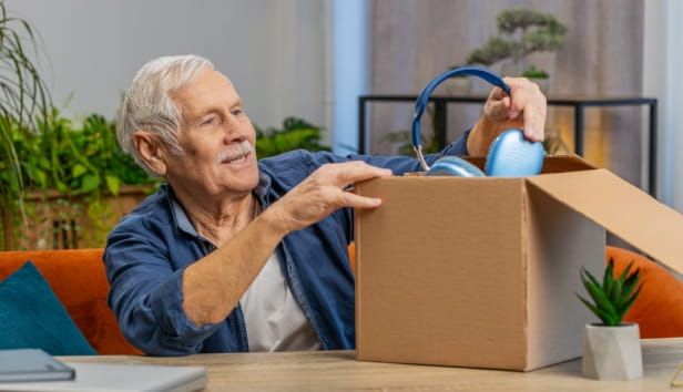 Man opening box and taking out headphones