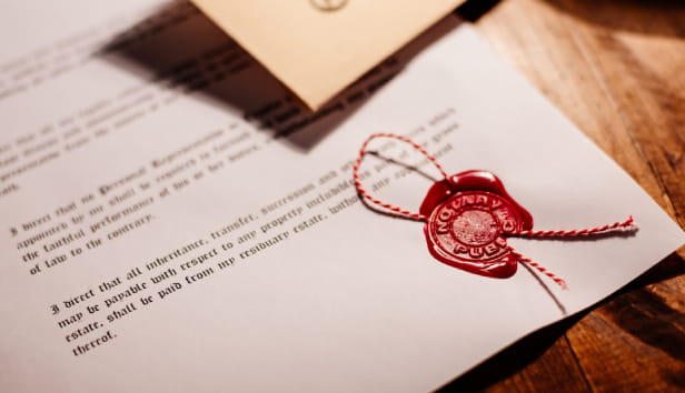 A legal document with a wax seal on it