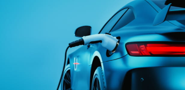 EV Electric car silhouette with low battery charging at electric charge station. 3d render and illustration.