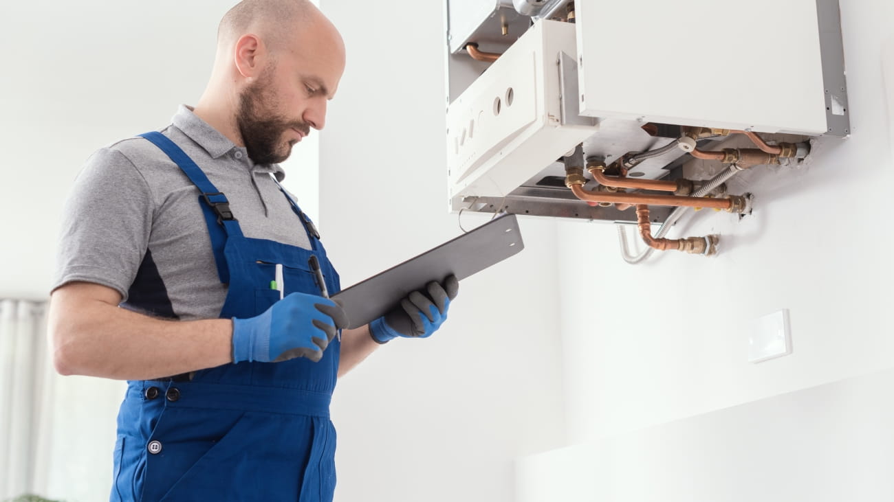 Gas engineer writing a gas safety certificate and boiler records after servicing.