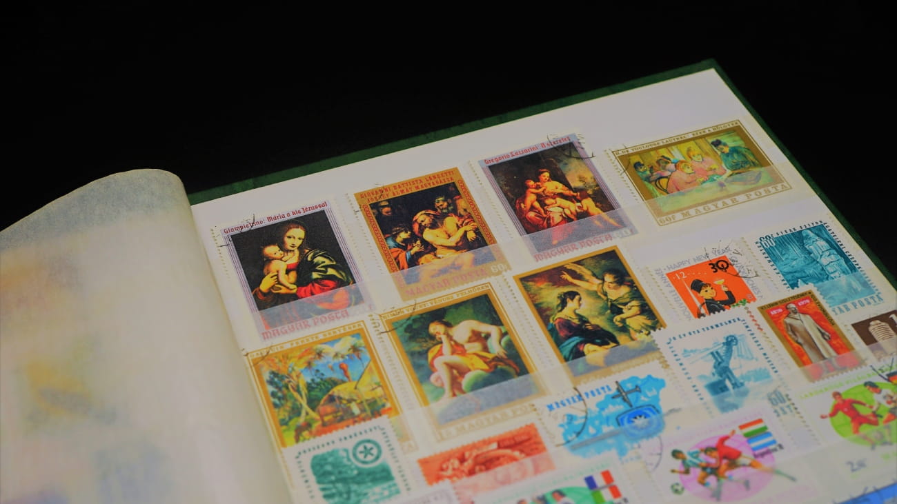 Collection of stamps showed in an album