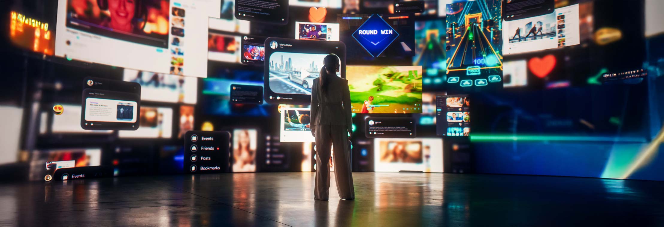 Backview Of Caucasian Woman Looking At Animated Stream of Content. Browsing Multimedia All-In-One Entertainment, Messaging, TV, Videos, Emoji, Social Media, Sharing, Video Game Playing, Fintech Online Shopping.