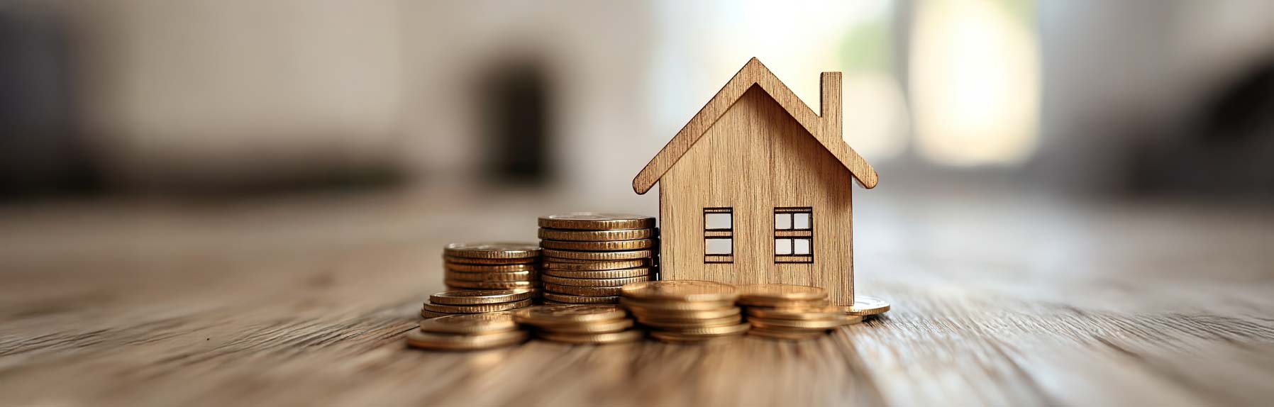 A small wooden model of a house with stacks of coins around it.