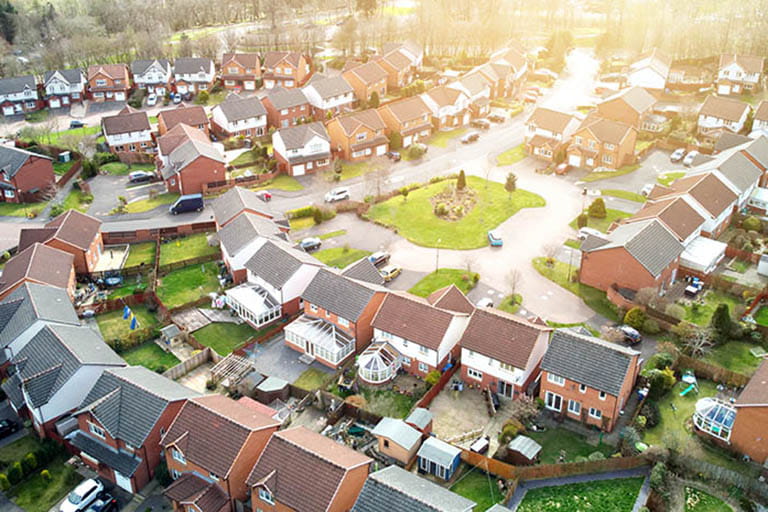Aerial view of a neighbourhood of houses