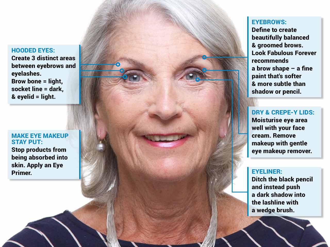 Older woman using makeup to disguise hooded eyes and dark eyelids